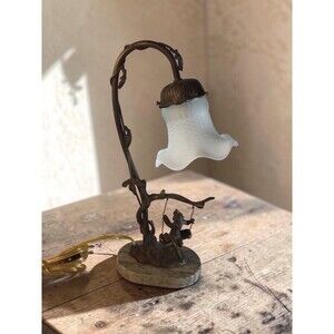 Vintage Art Nouveau Style Fairy Swing Lamp Metal Sculpture Marble Base 15”